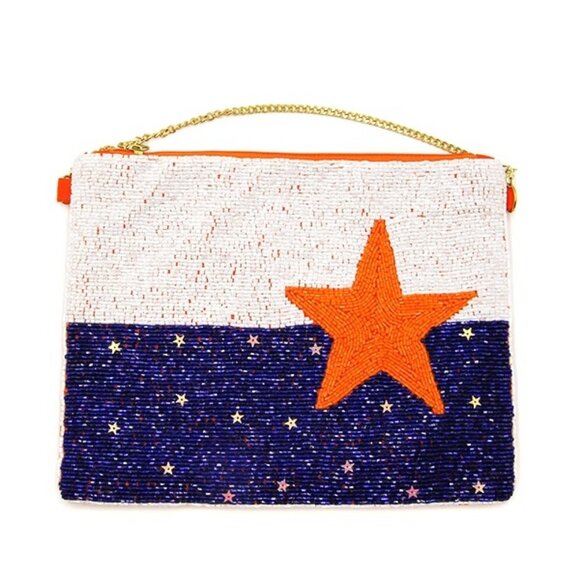 STAR Seed Beaded Orange Blue Team Colors Astros Auburn Crossbody Clutch Handbag - Picture 6 of 8
